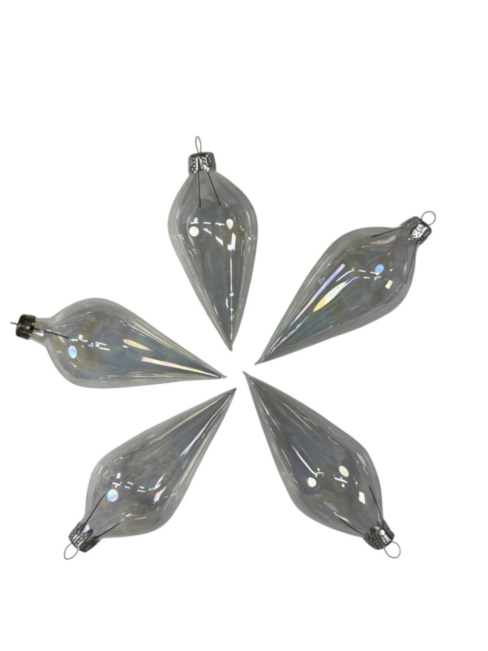 5 Vintage Clear Iridescent Blown Glass Finial Teardrop Christmas Ornaments